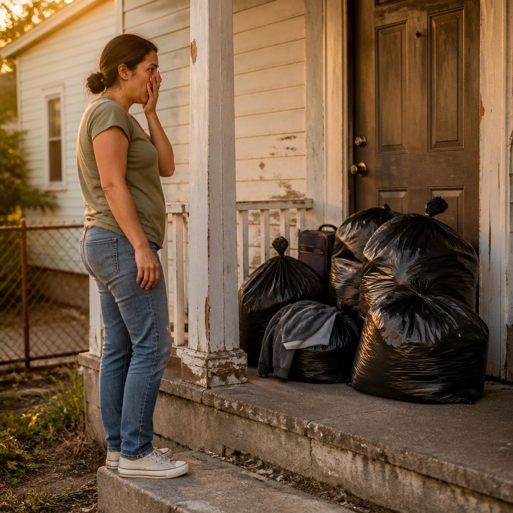 Woman standing at locked front door with her belongings in trash bags on the porch, looking shocked.