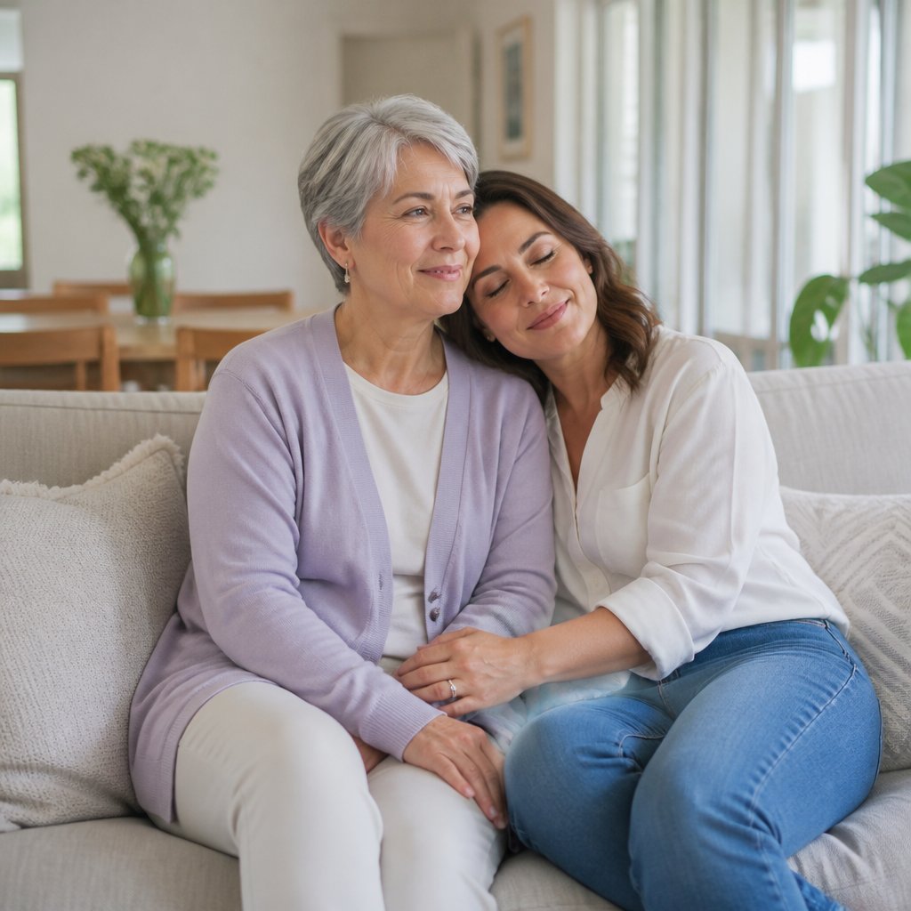 Mother and adult daughter hugging quietly in living room, expressions mixed with worry and love.