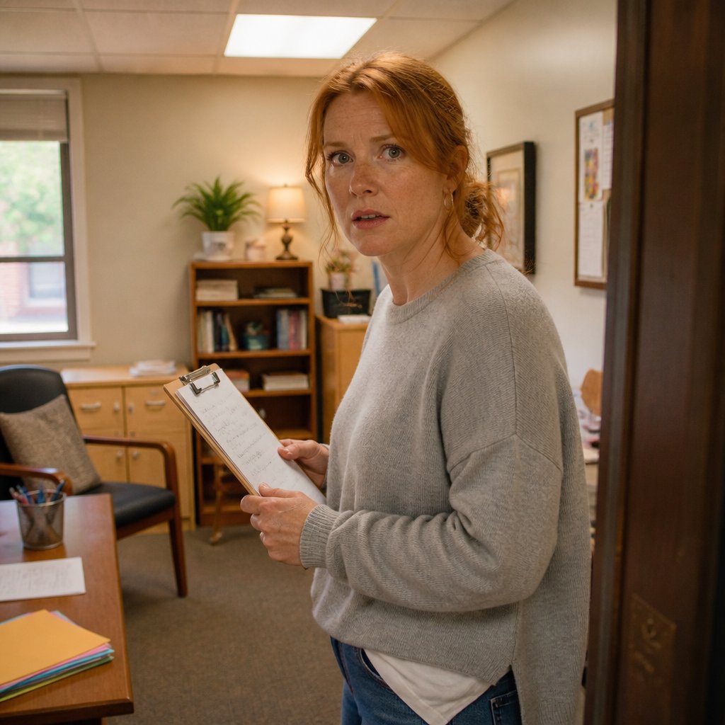 Woman startled in school office holding clipboard with secret note as someone approaches.