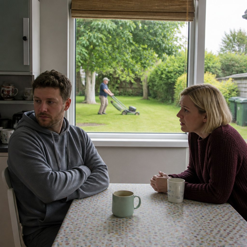 Man avoiding eye contact with a woman in a kitchen, creating tense silence.