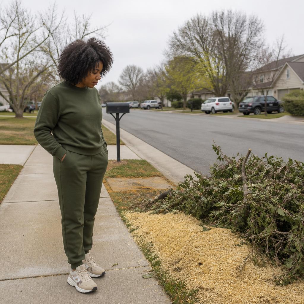 Woman looking at fresh sawdust and trimmed branches pile at curb on a suburban street.