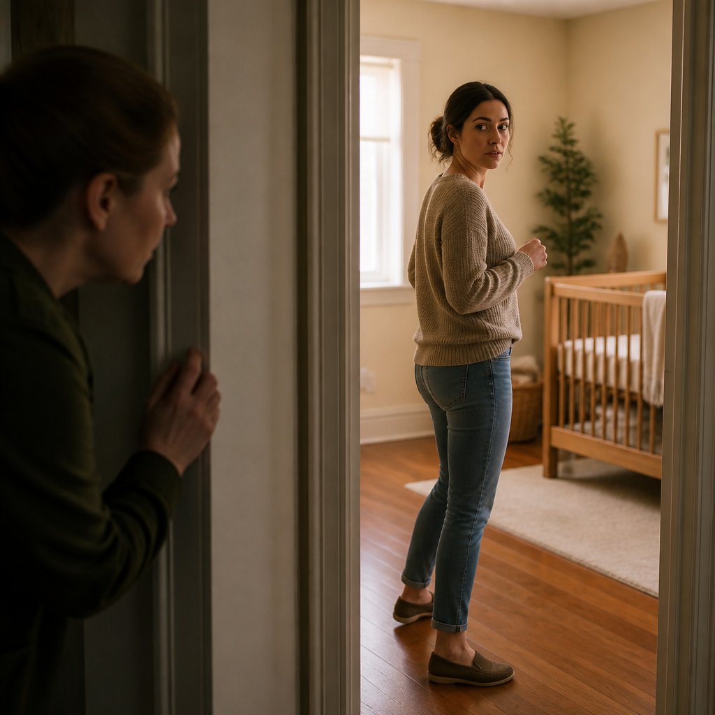 Sister-in-law near nursery door, looking around nervously, narrator watching from hallway.