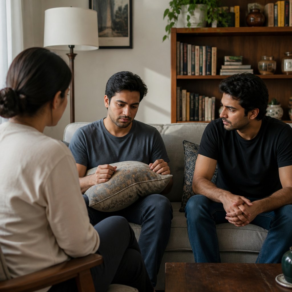 Two brothers in a living room, one looking hesitant, the other listening carefully.