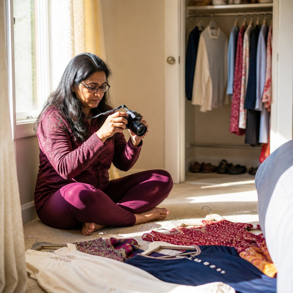 Woman photographing clothes on hangers in closet, surrounded by notes and camera.