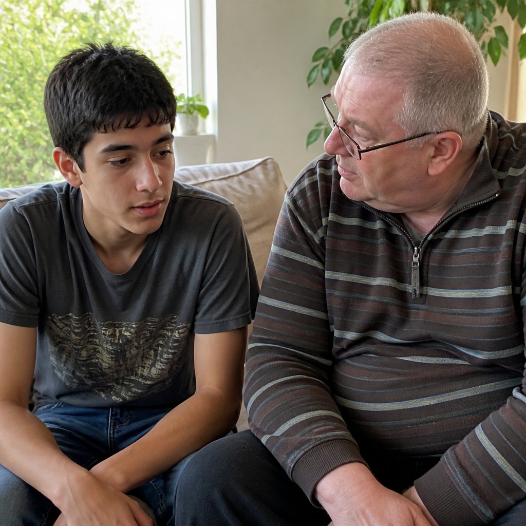 Teenage boy in graphic T-shirt nervously talking to an older man with glasses on a couch.
