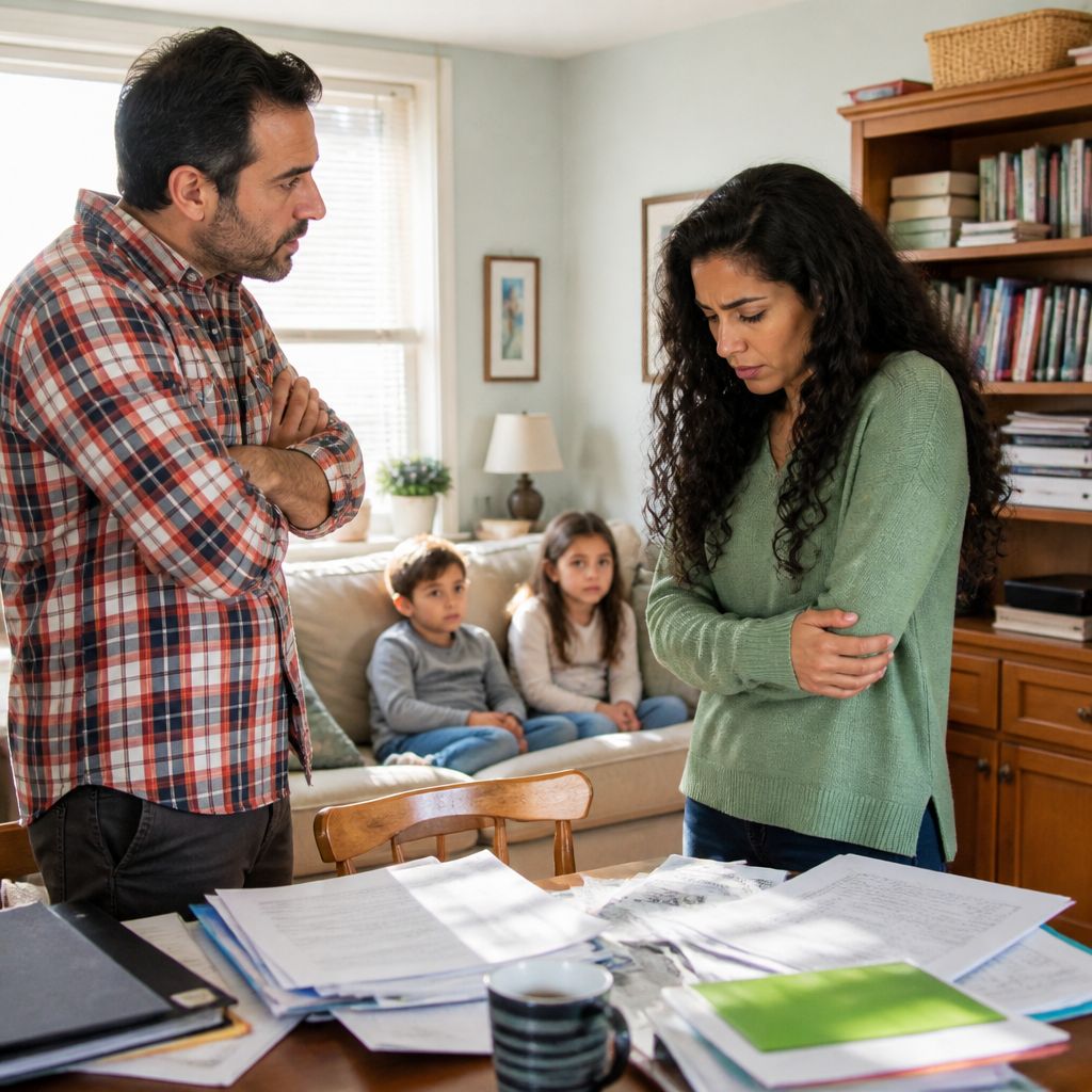 Man accuses woman in home office while children watch quietly from couch.