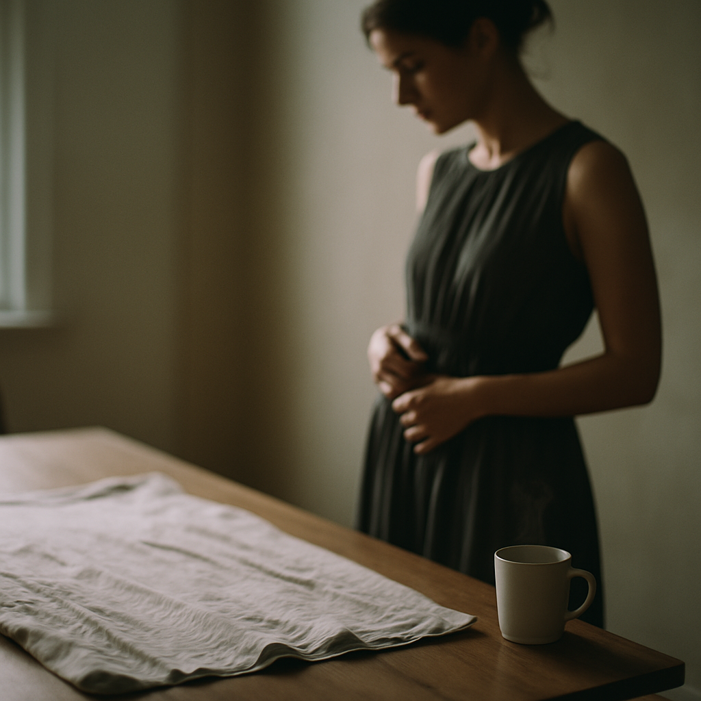 Woman holding fabric in tailor studio, another woman smiling nearby