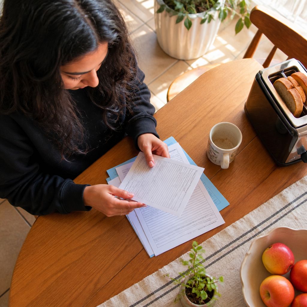 Hands holding signed school forms on kitchen table with coffee mug and toaster nearby