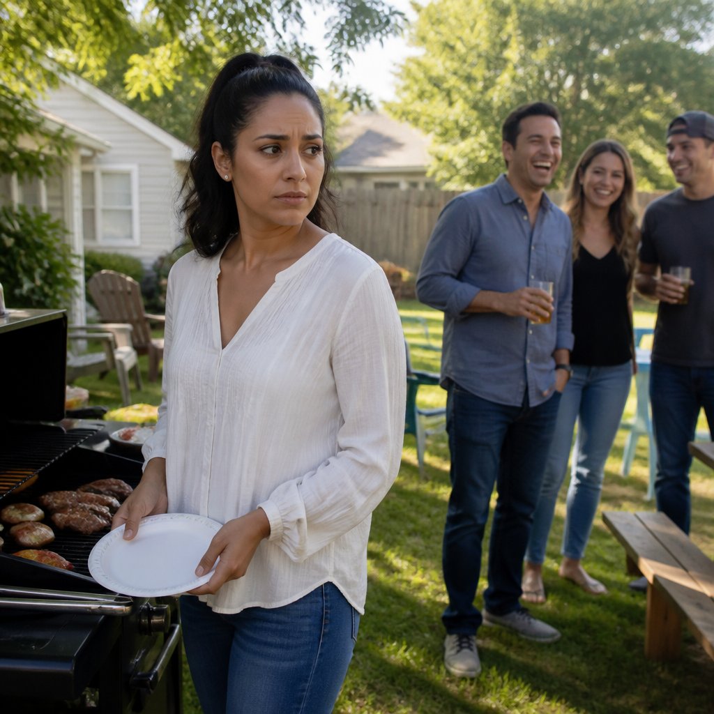 Woman standing near grill at backyard barbecue looking tense as man jokes nearby