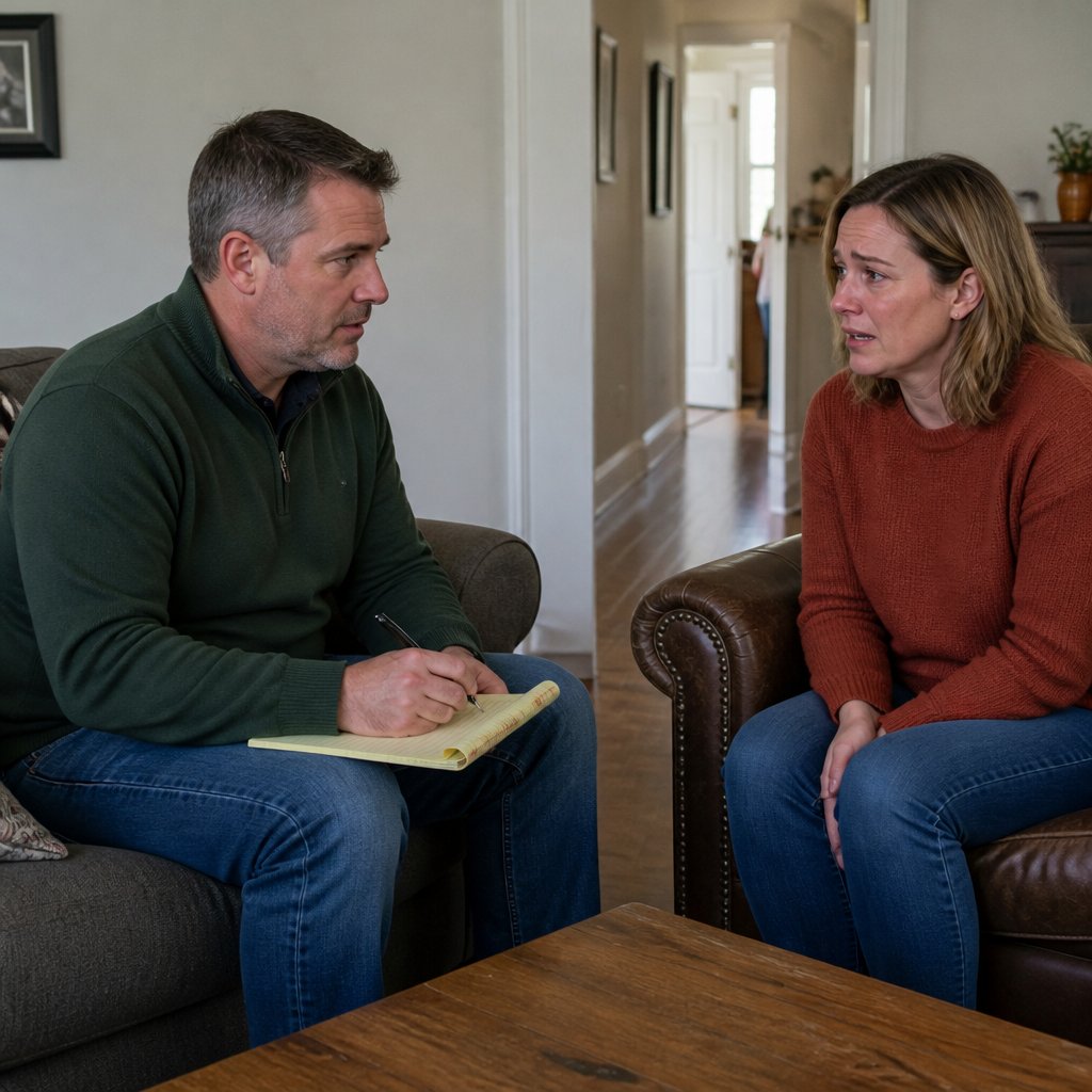 In the living room, Cal sits with a legal pad and pen poised while Ivy looks strained, aware someone is listening from the hallway.