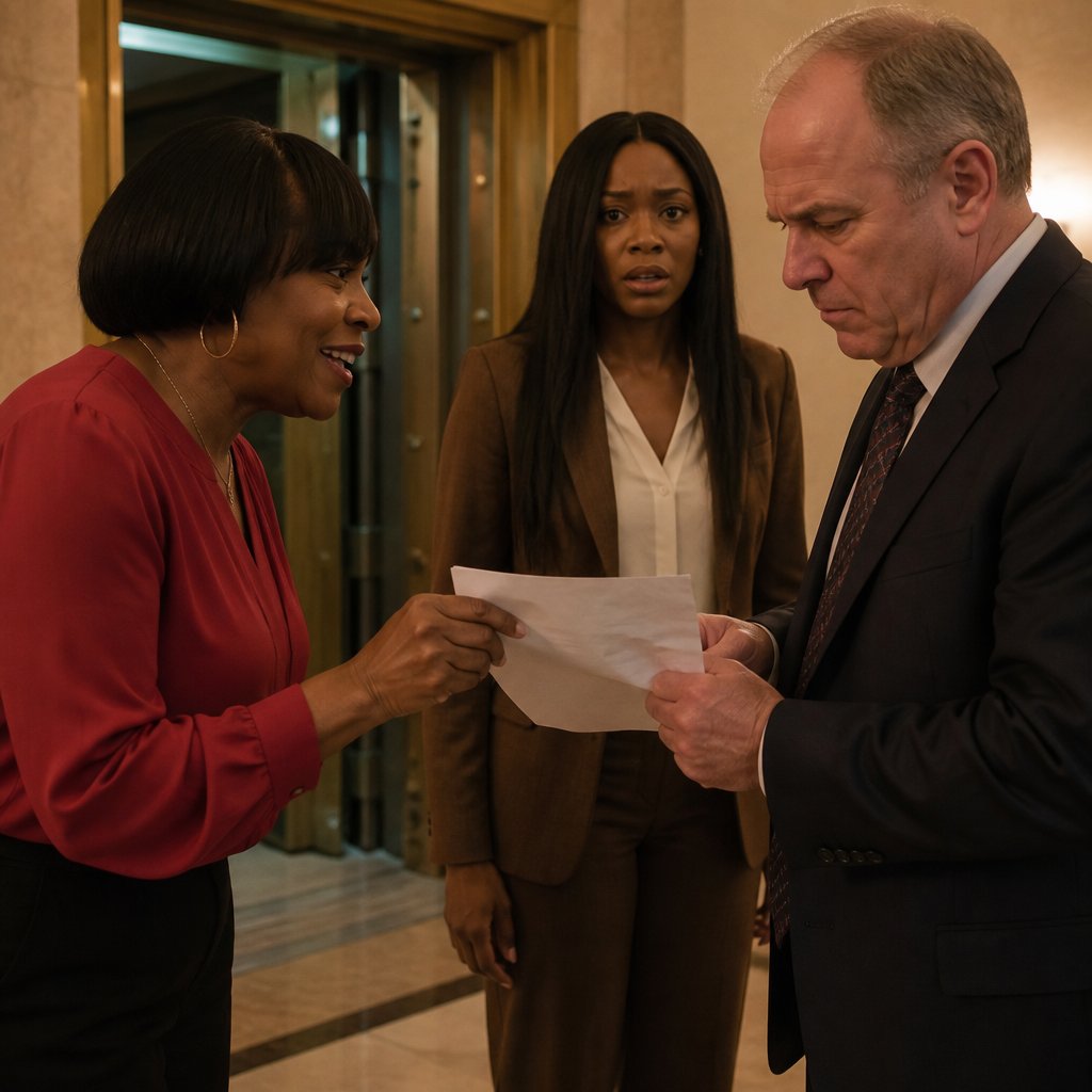 Aunt Darlene confronts the bank manager with a document while Mara watches anxiously.