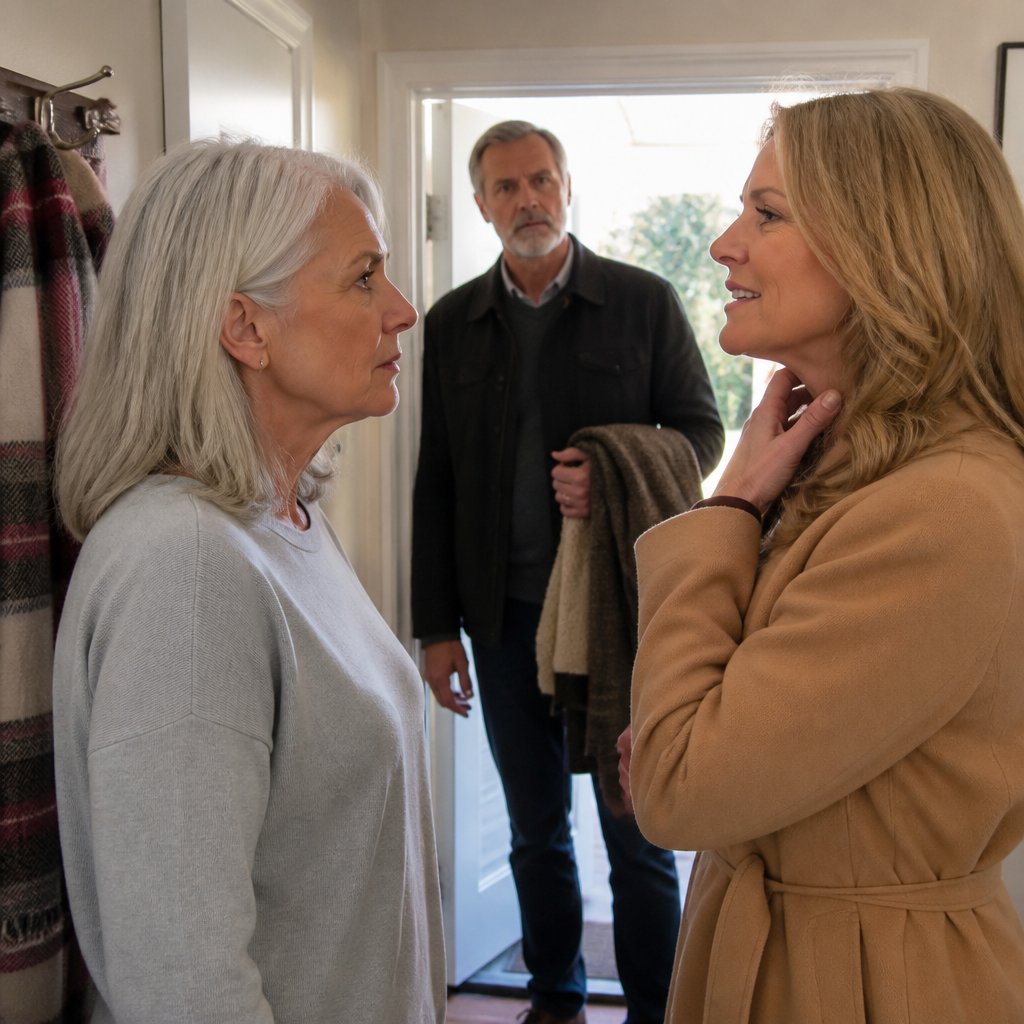 Nina confronts Lila in the hallway as Matt looks on, startled, coat in hand.