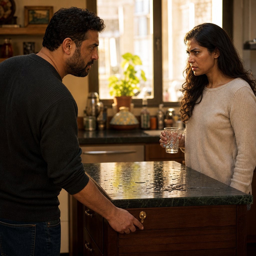 A bearded man reaches toward a locked kitchen drawer while a woman stands frozen with a wet glass, furious and hurt.