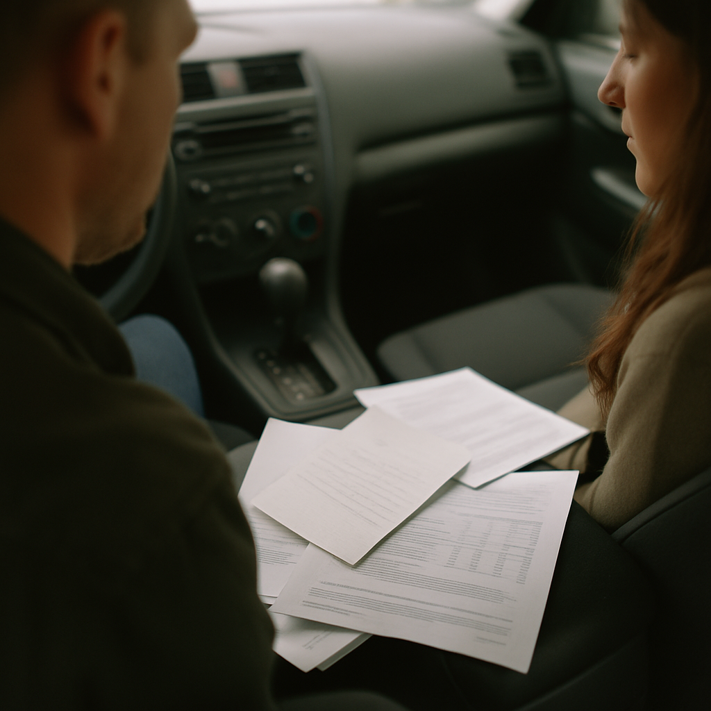 Handwritten note and papers inside car center console