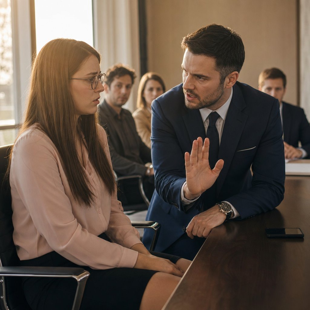 In a conference room, a hurt young woman with glasses looks up as a stern man in a suit interrupts, a face-down phone near his elbow.