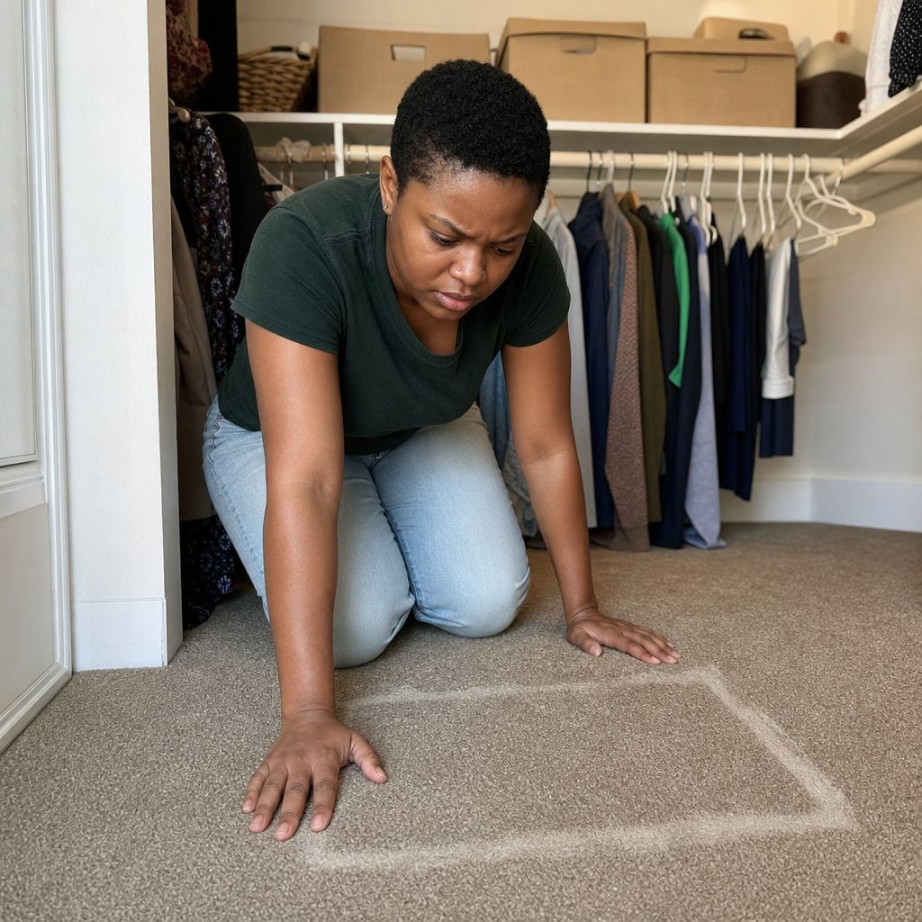 Mara kneels in the closet, touching a dusty rectangular outline where a safe appears to have been removed.
