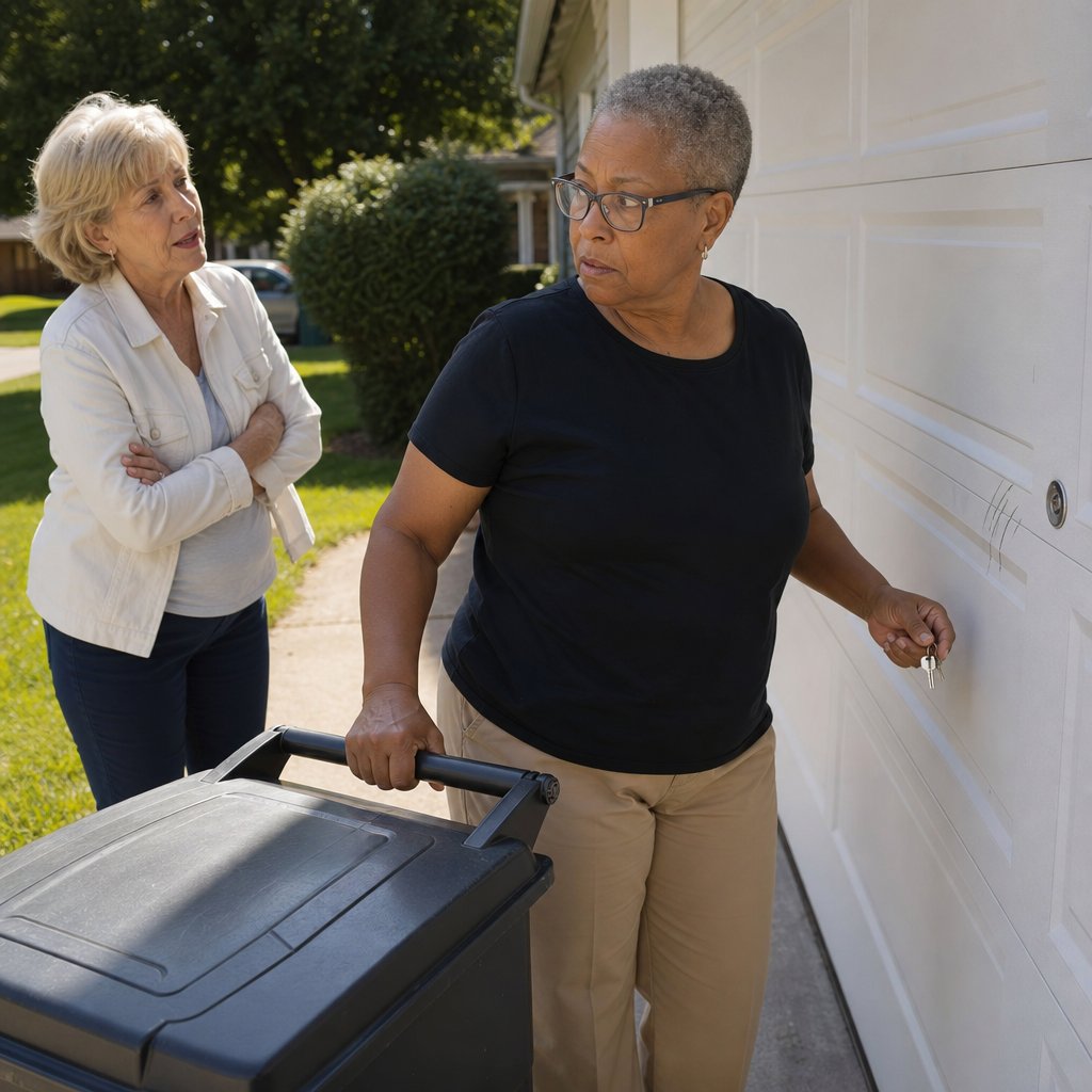 A neighbor speaks in a hushed, concerned way as an older woman stands frozen beside a trash bin, holding her garage key.