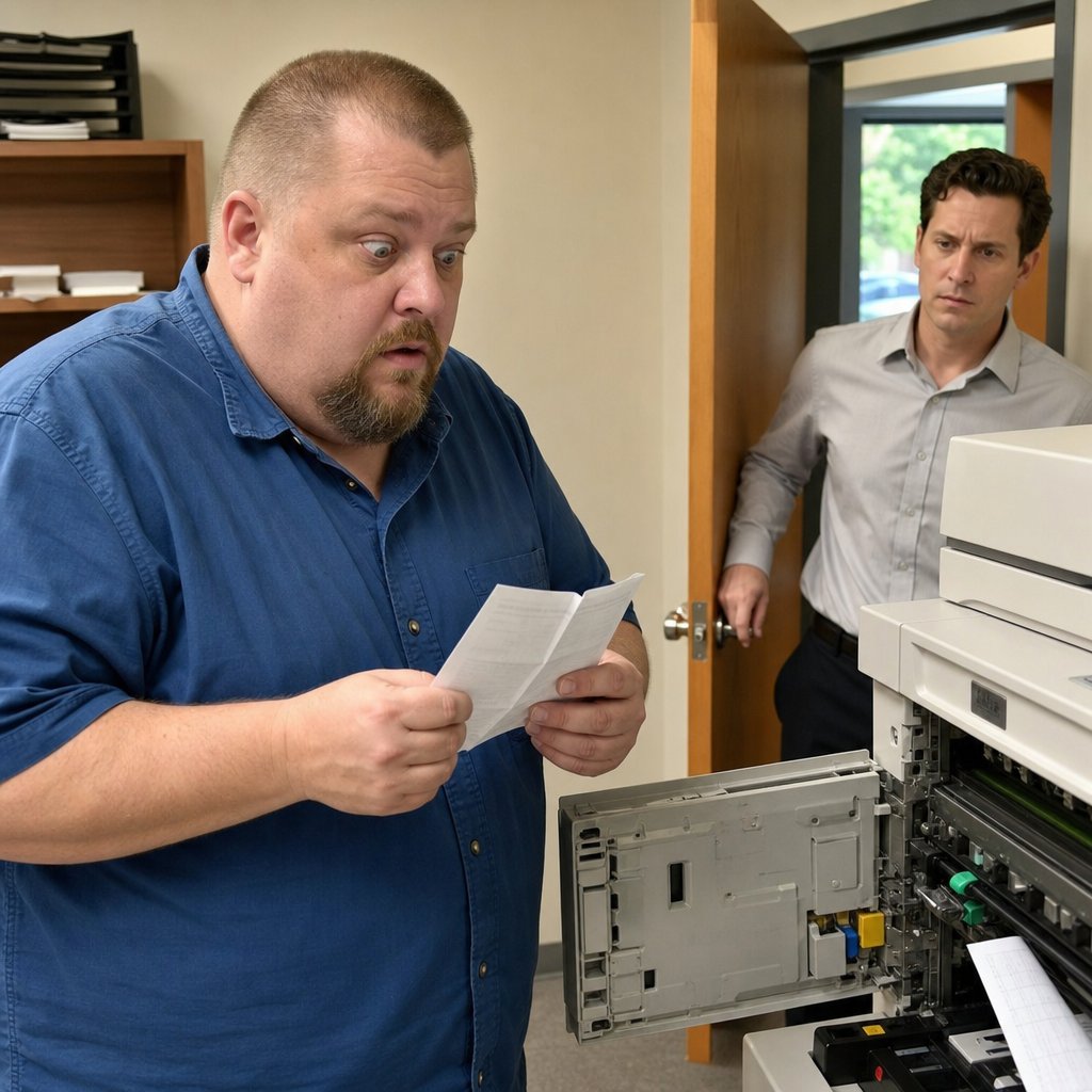 In a copy room, a man holds a printed page with shaking hands while a coworker watches from the doorway.