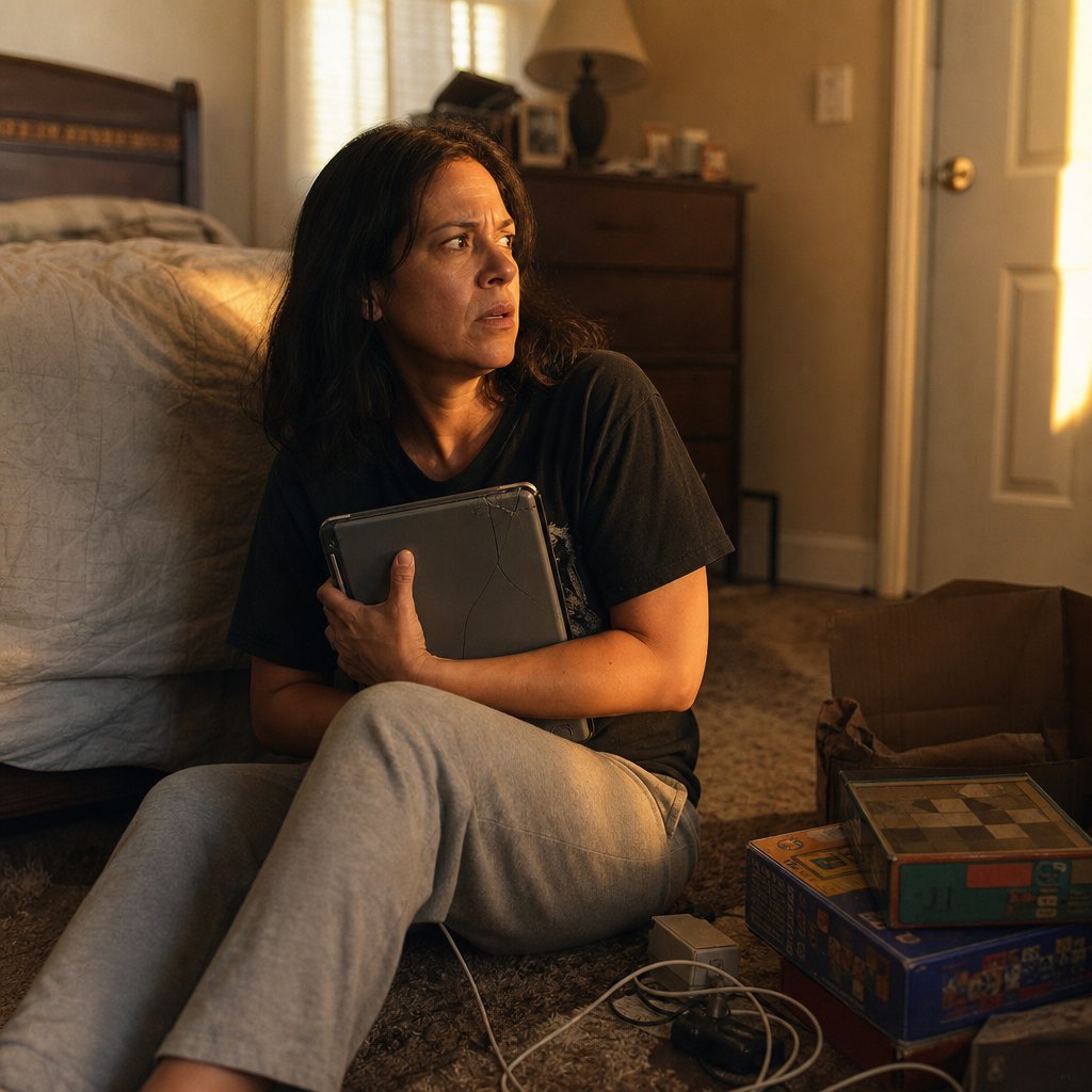 Mara clutches an old tablet on her bedroom floor as someone knocks at the door.
