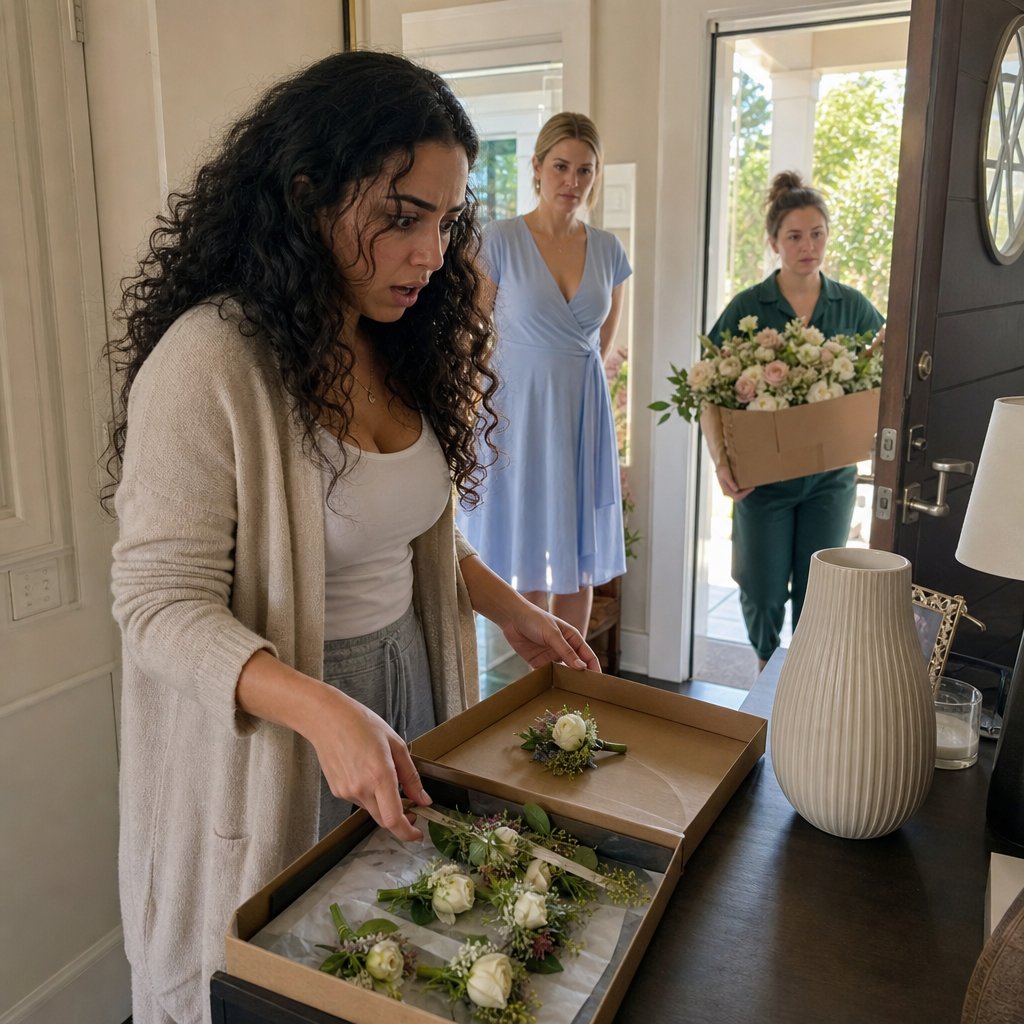 Bride stares at an open boutonniere box as Mara watches and a florist enters through the open door.