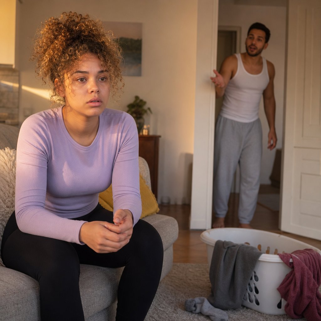 A stunned woman holds a face-down phone on a couch while a man calls impatiently from the hallway.