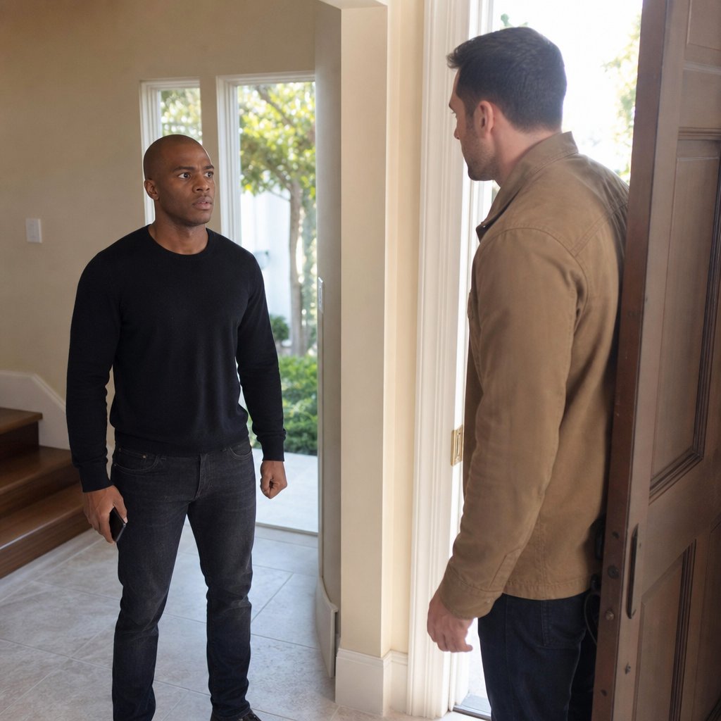 A young man stands tense as a man steps through the front door and looks at him.
