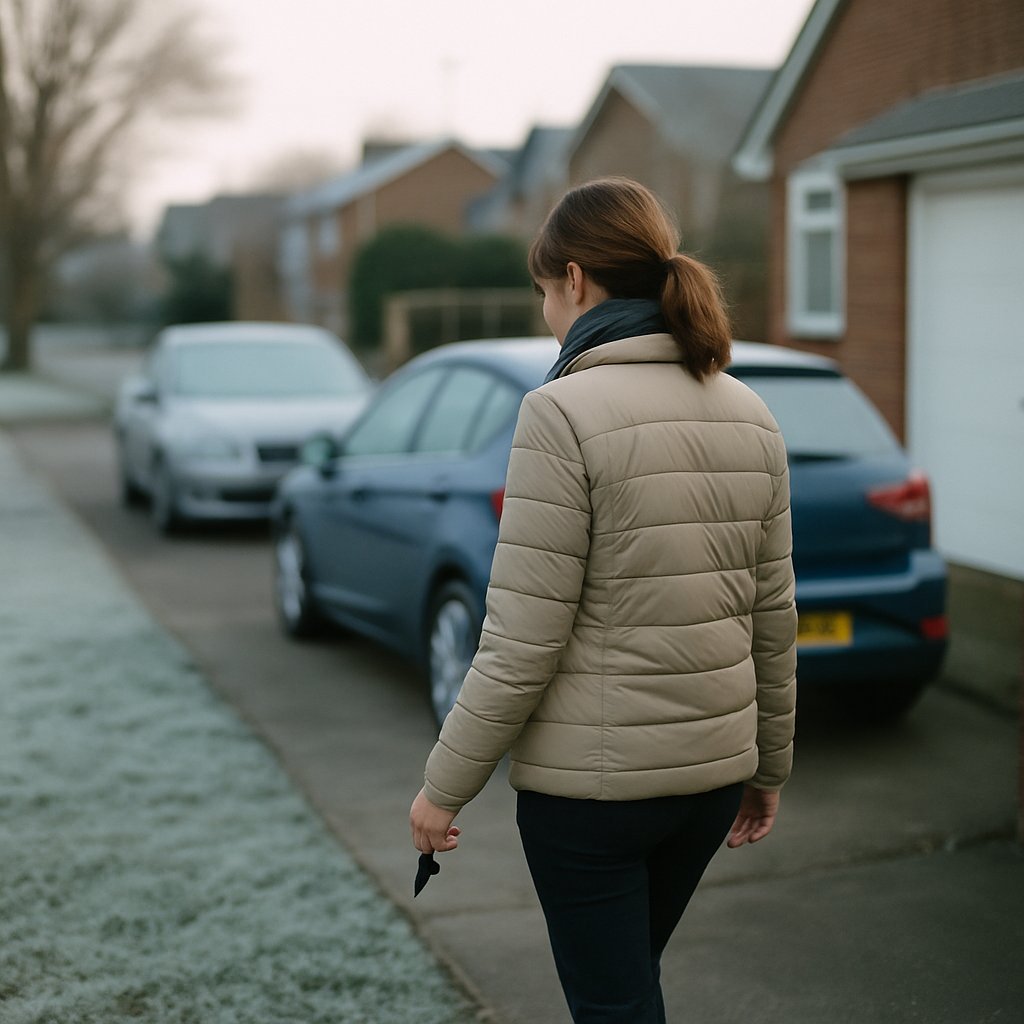Woman walking on suburban street after yielding driveway spot.