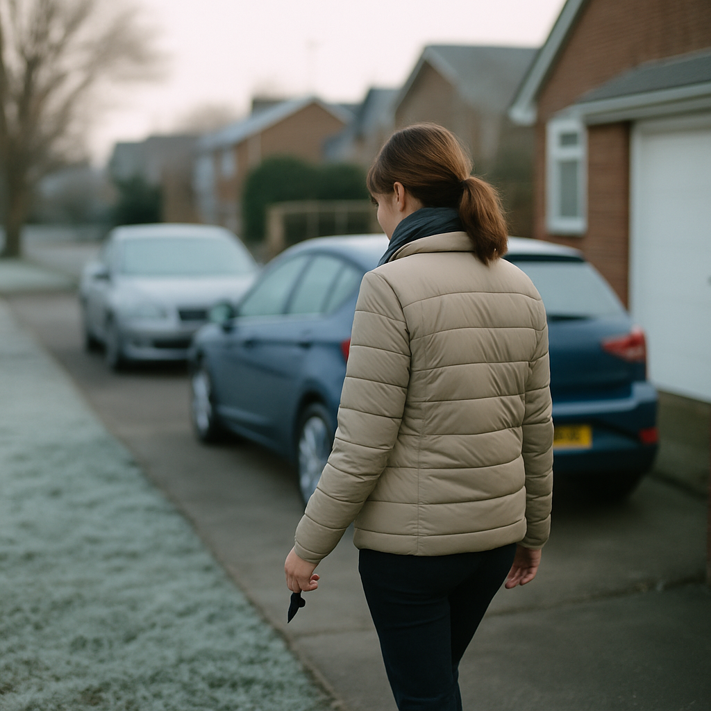 Woman walking on suburban street after yielding driveway spot.
