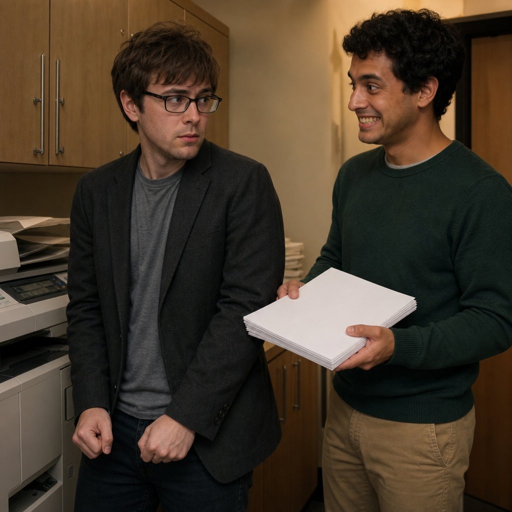 In the copy room, Dev smiles too tightly while holding paper, and Iris looks tense with clenched fists.