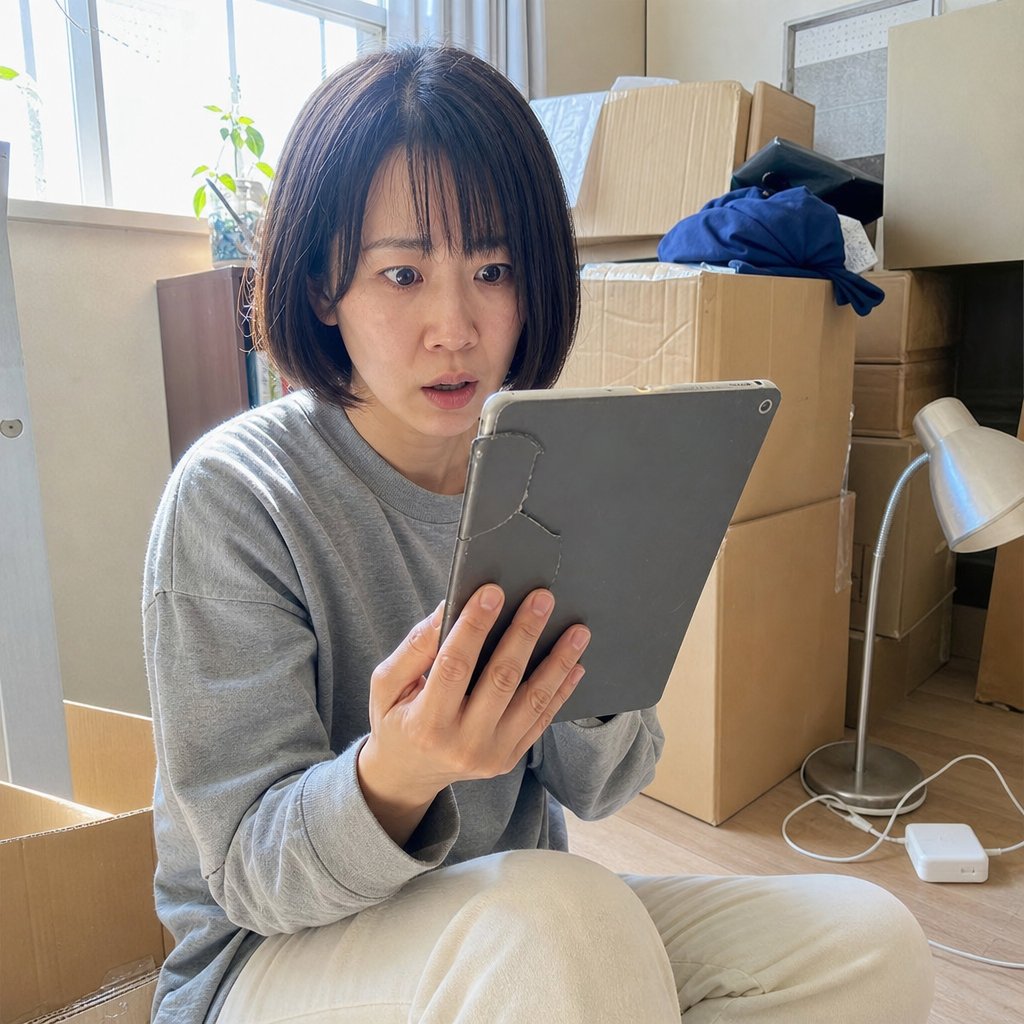 On the floor among moving boxes, Iris holds an old tablet and looks up in shock as a new realization hits her.
