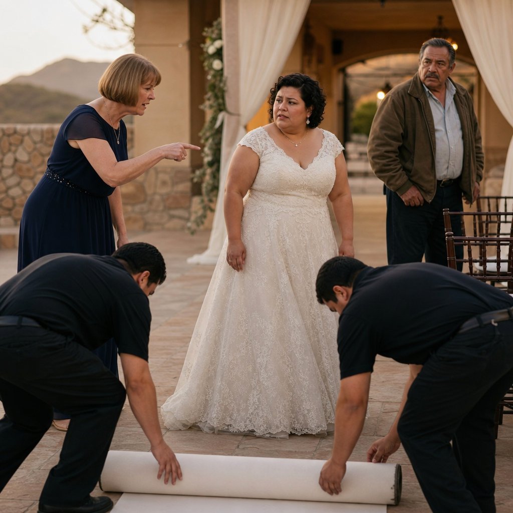 At the ceremony entrance, the mother-in-law orders the aisle runner removed as a stranger watches from the side.