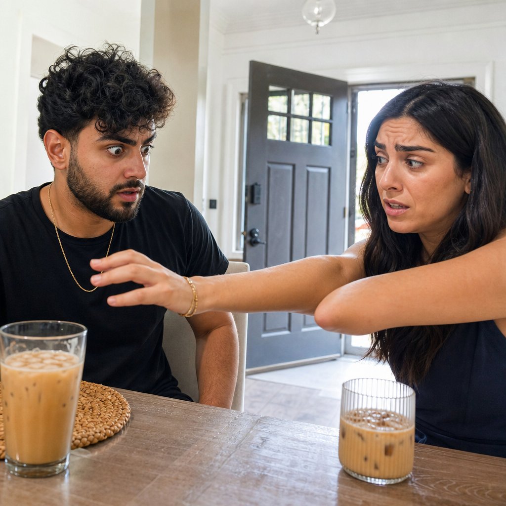 A young man sits stunned as a worried young woman pulls a phone back and the front door stands in the background.