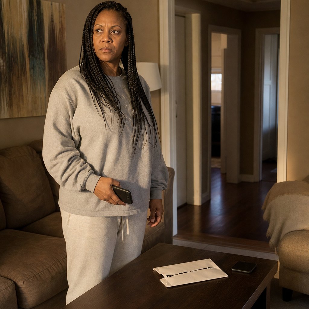 A woman with long box braids stands over a coffee table with a torn envelope and a face-down phone arranged neatly, bracing as someone approaches from the hallway.