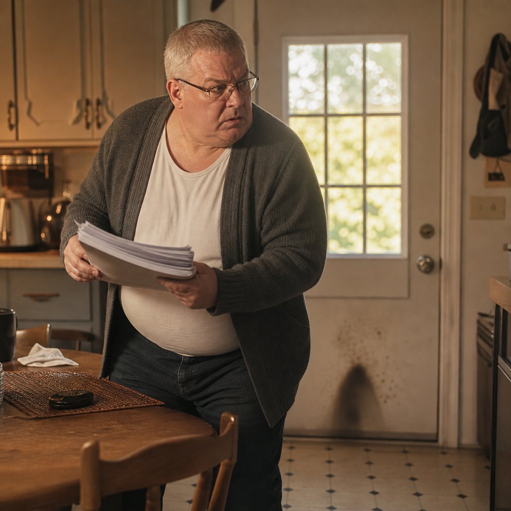 A gray-haired man with glasses grips a stack of papers at a kitchen table, startled by a bump at the back door.