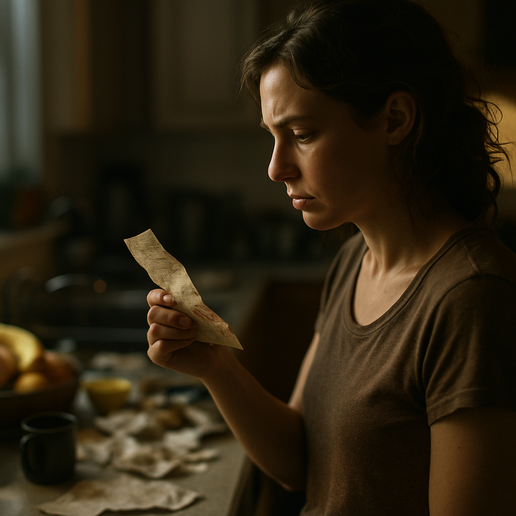 Woman examining a torn gold-buying receipt in a kitchen.
