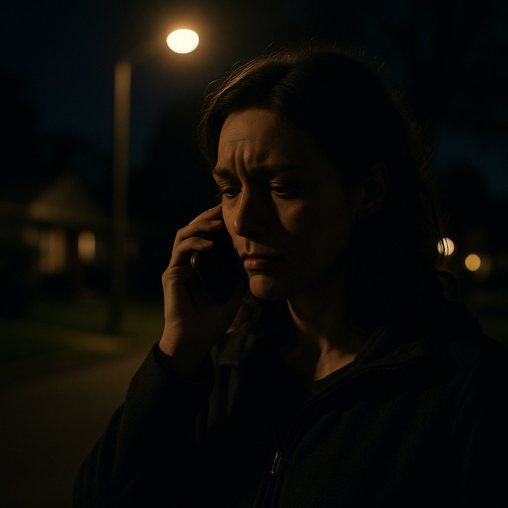 Woman talking on phone at night under streetlamp, looking worried