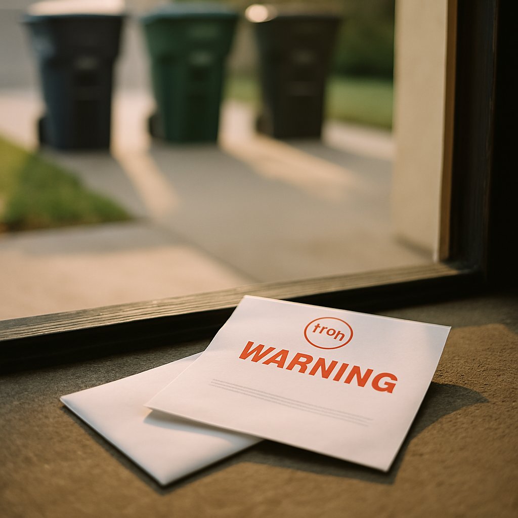 HOA warning letter on doorstep with trash cans lined up outside in daylight.