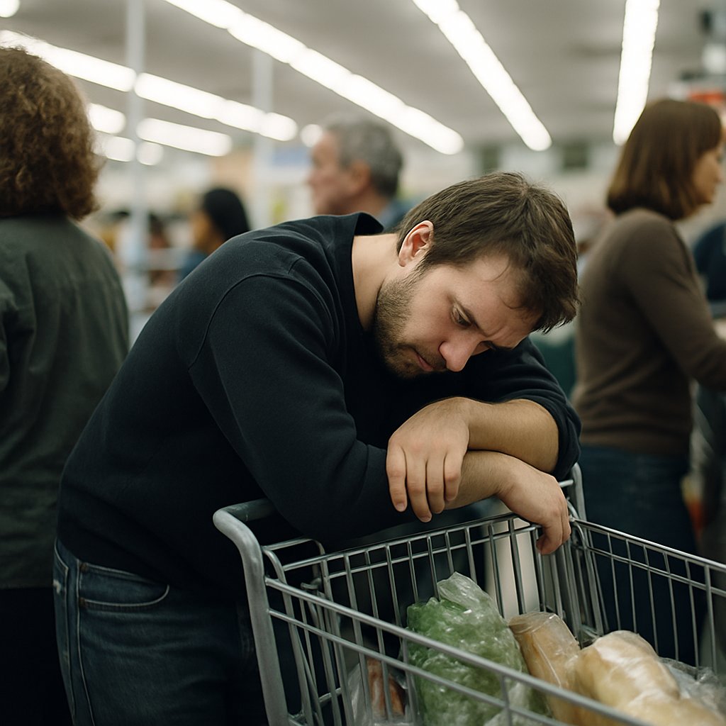 Exhausted person leaning on cart in grocery checkout line
