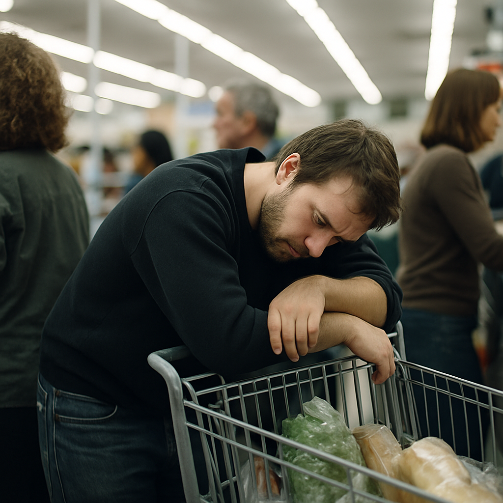 Exhausted person leaning on cart in grocery checkout line