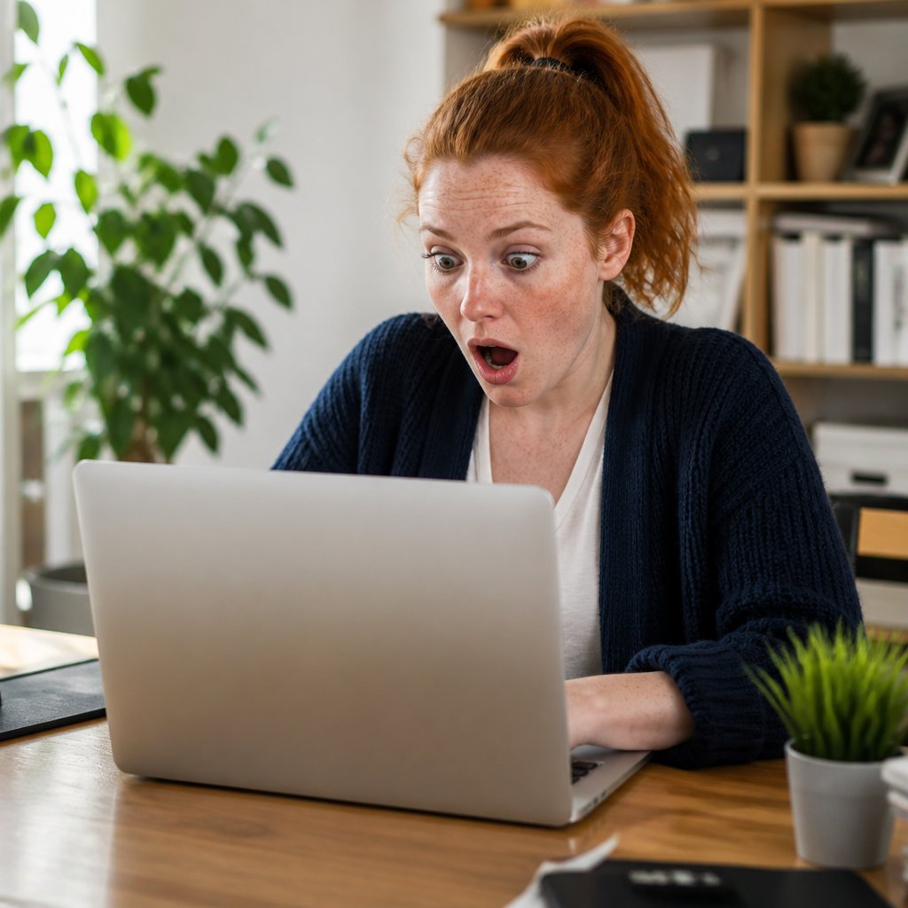 Woman discovering unknown admin profile on smart home account in home office