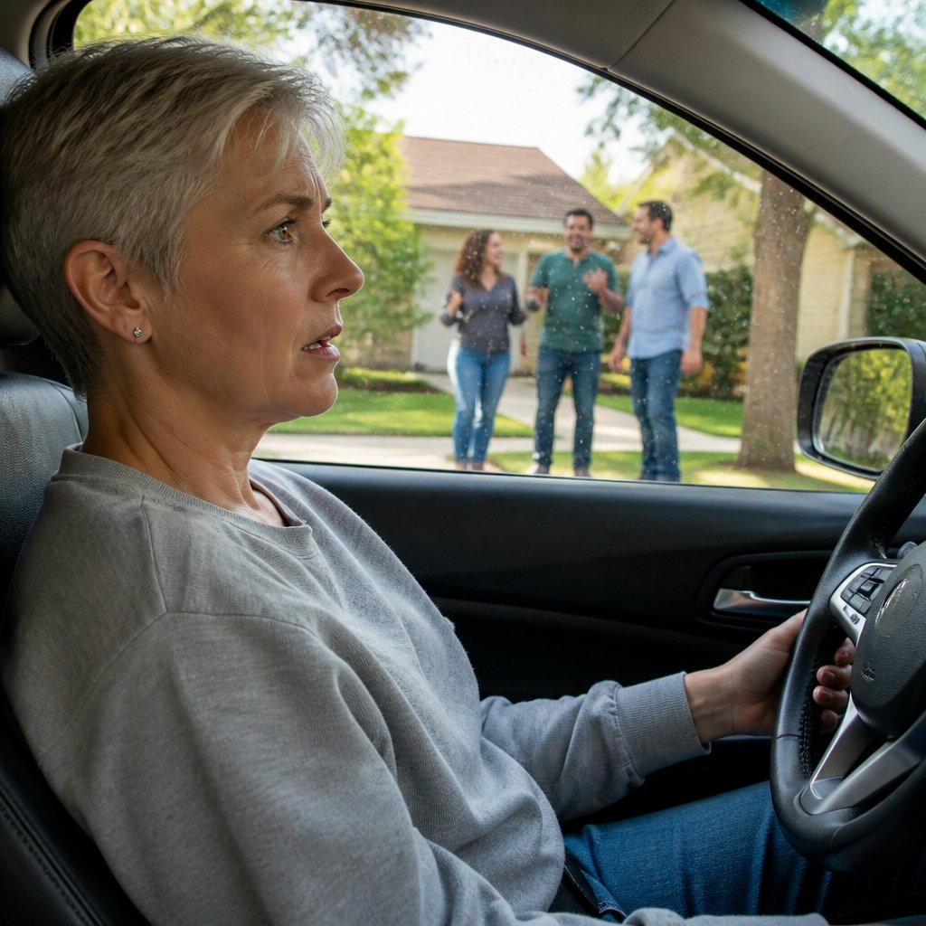 A tense woman sitting in a rainy car overhearing laughter from a group in a suburban front yard.