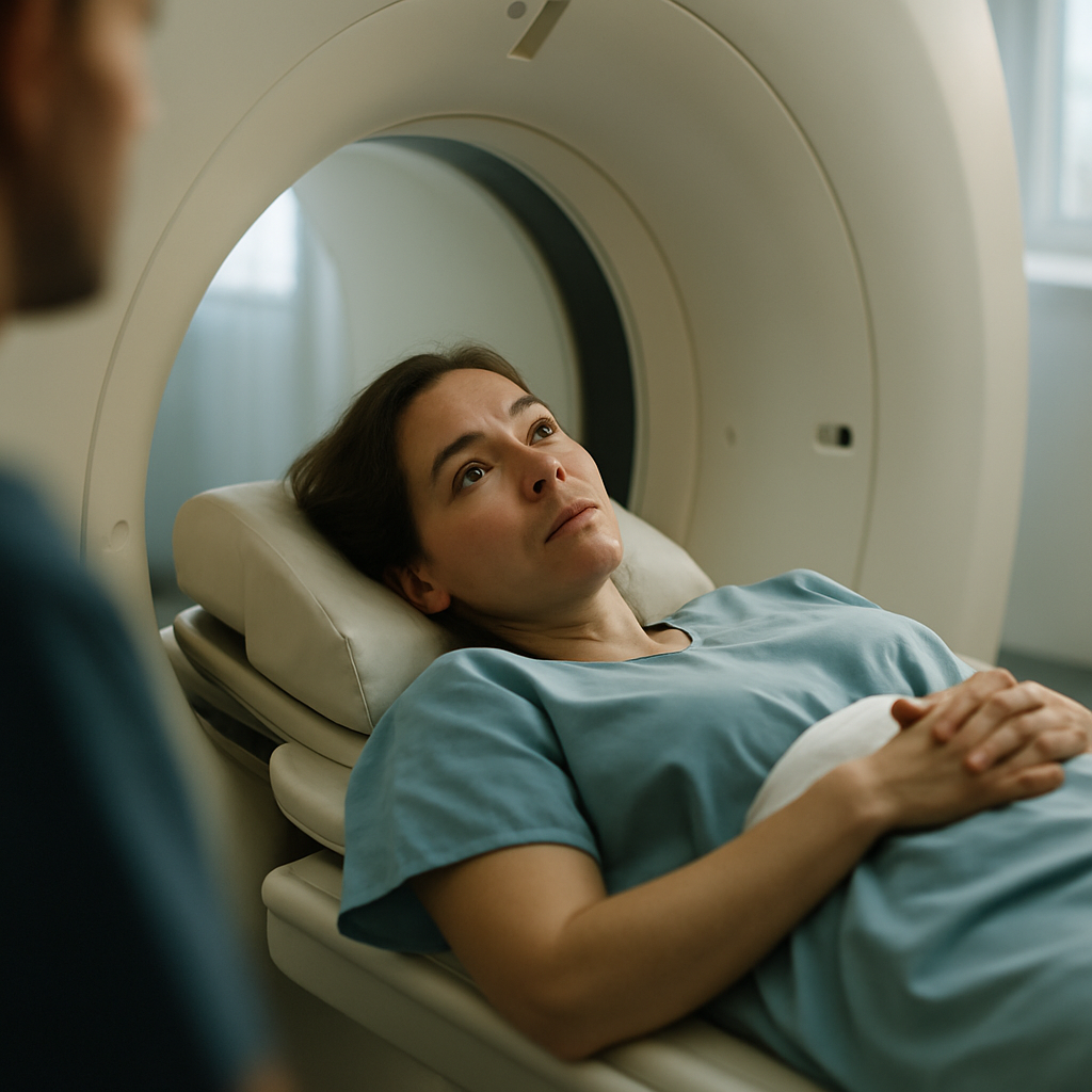 Woman lying inside an MRI scanner, looking thoughtful and slightly anxious.