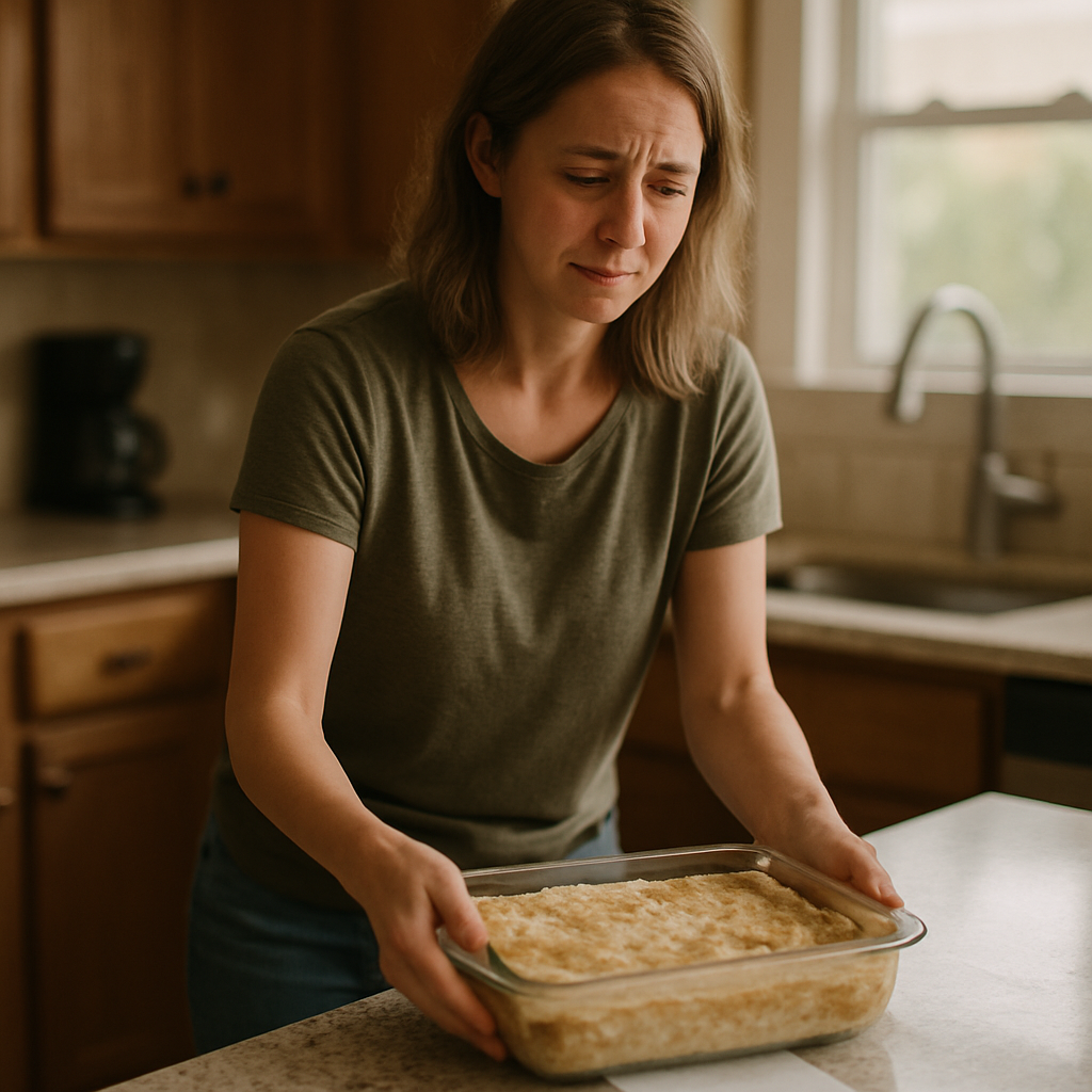 Woman placing casserole dish on kitchen counter with a note visible underneath.