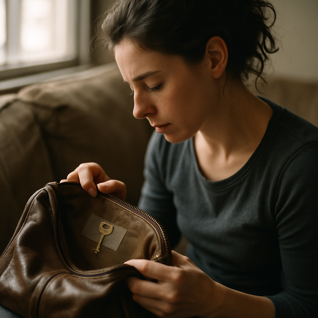 Woman examining a tiny brass key taped inside a leather purse lining in natural light.