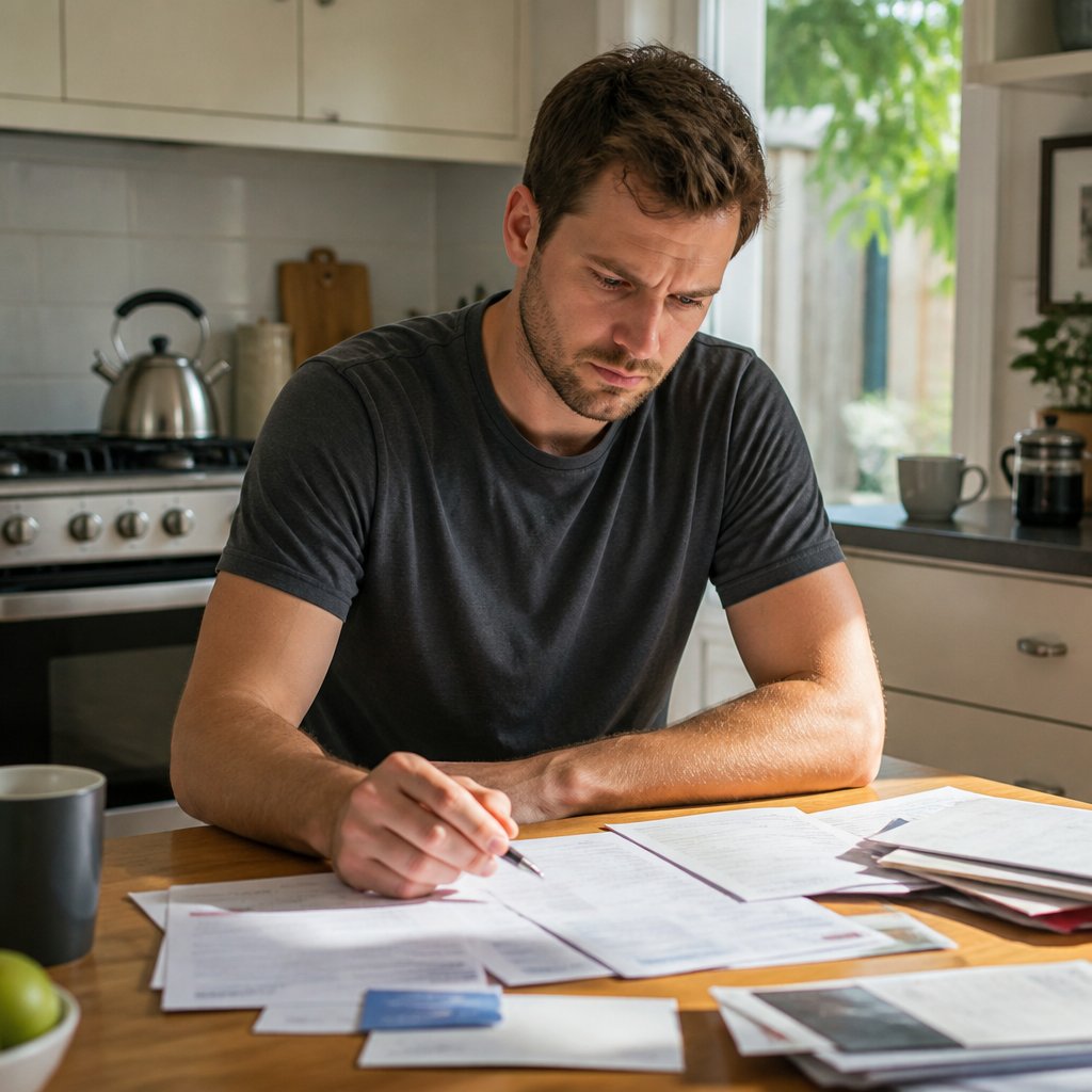 Man studying financial statements carefully at kitchen table.