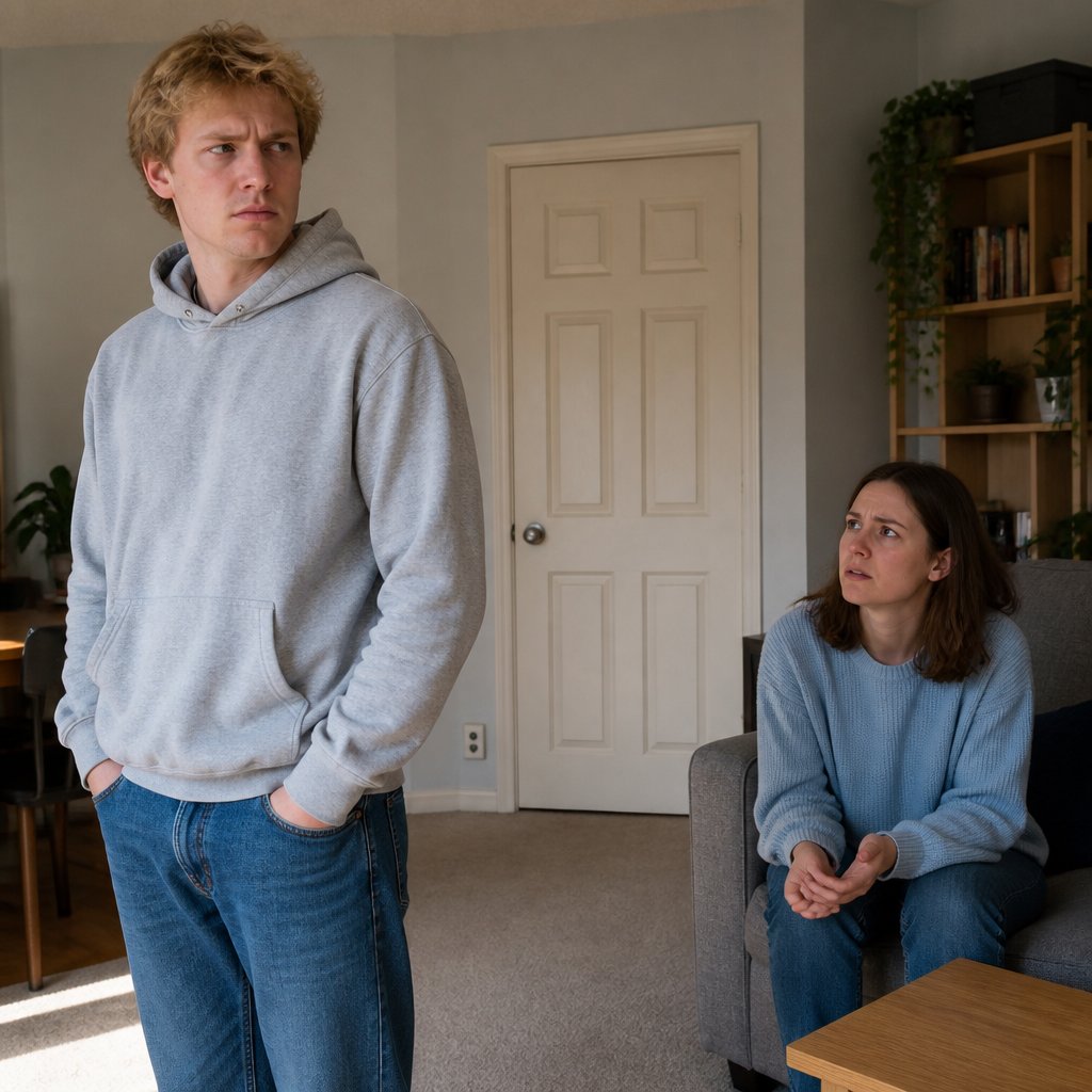 A tense moment with a young man and woman in a living room, the blocked Ethernet port visible.