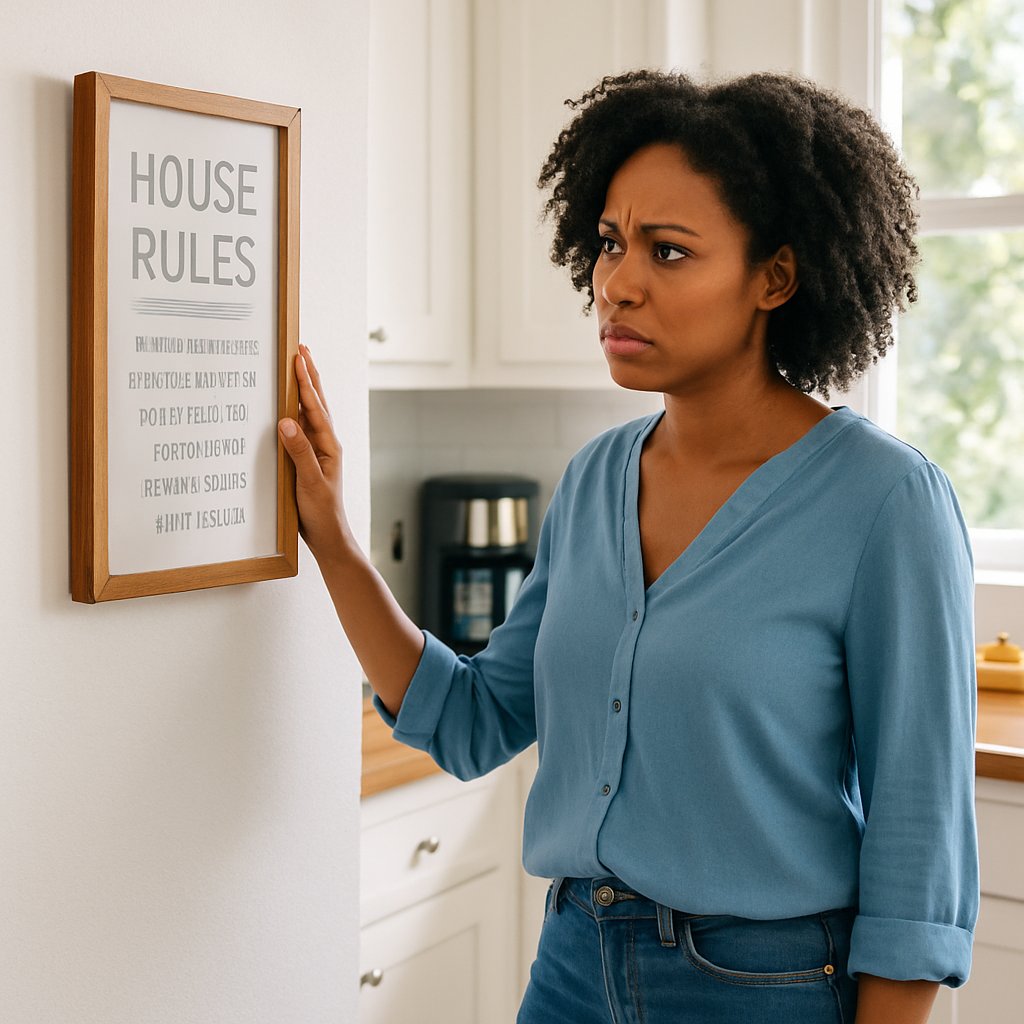 Woman in kitchen touching framed House Rules list, looking concerned.