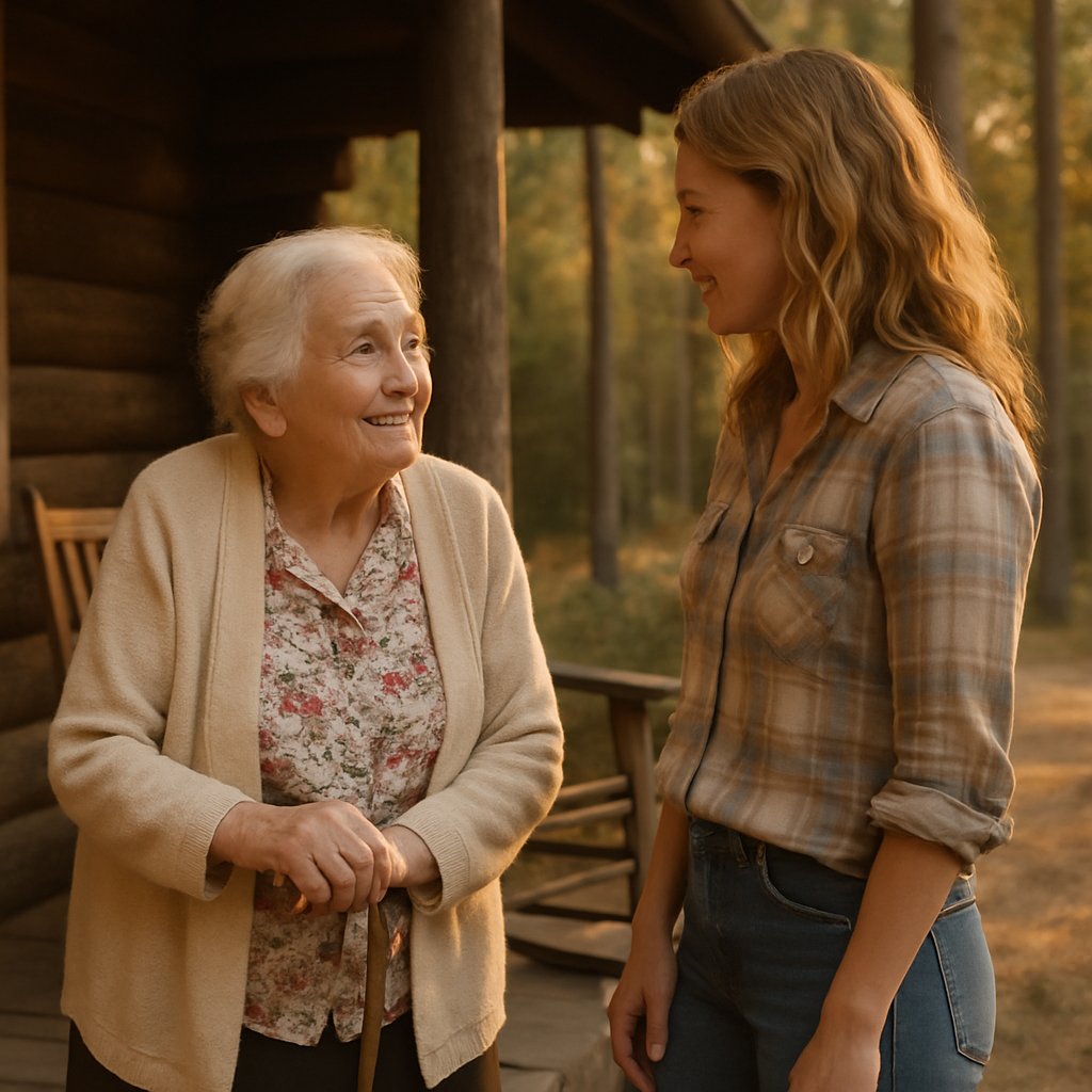 Elderly woman leans on cane on cabin porch, smiling at a man in casual clothes.