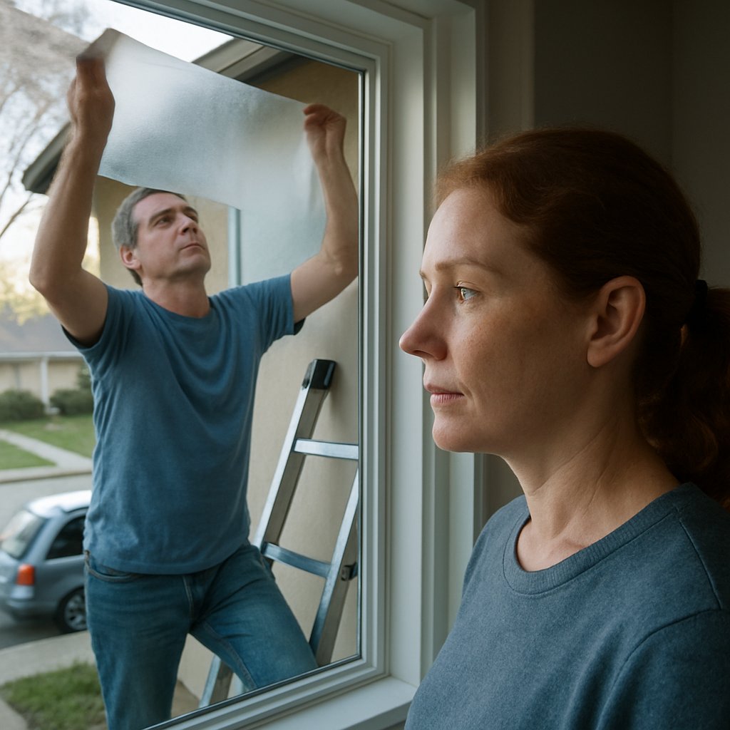 Man installing frosted window film on second-story bedroom window with security camera above.