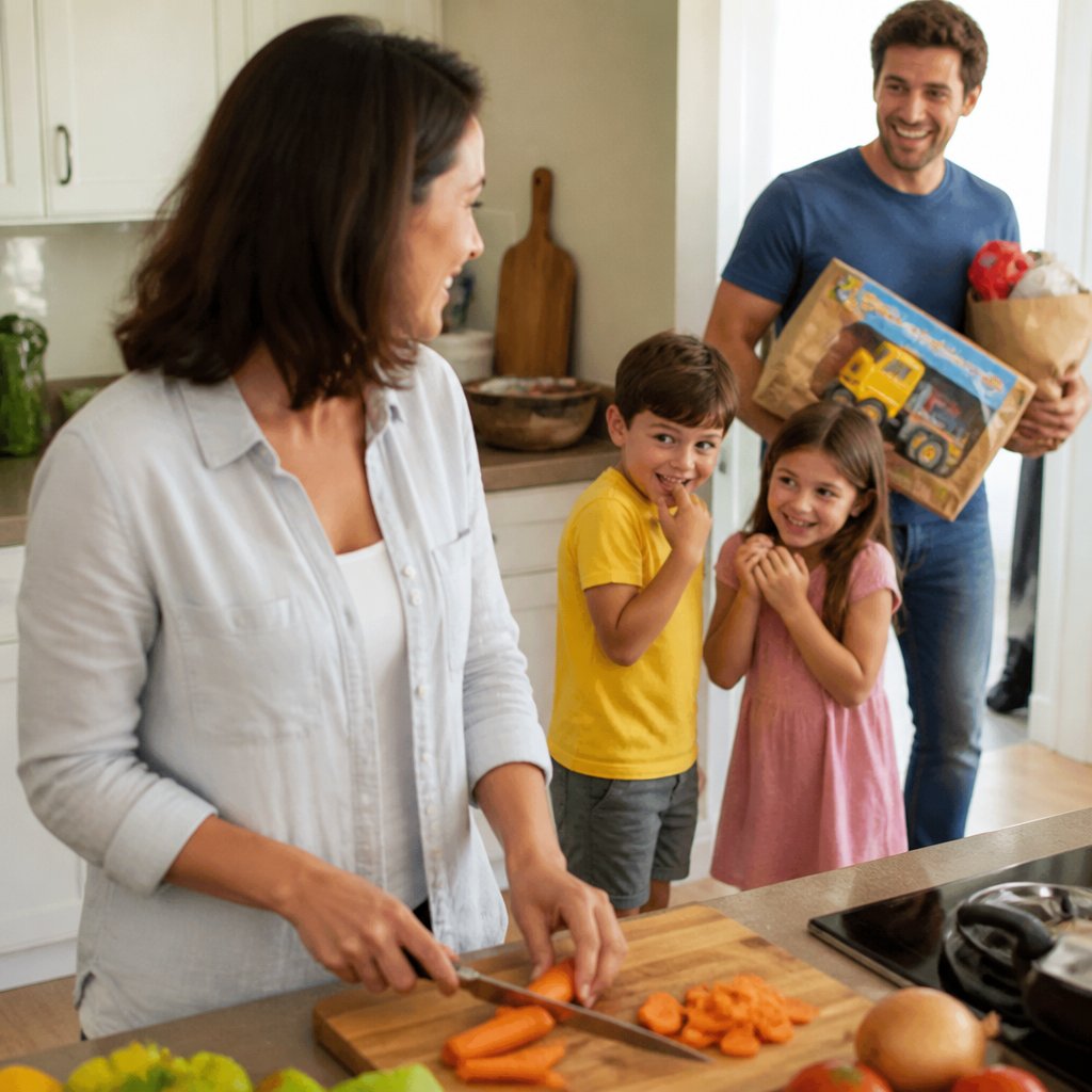 Greg holding toy packages and fast food bags in kitchen with two smiling kids, playful secret atmosphere.